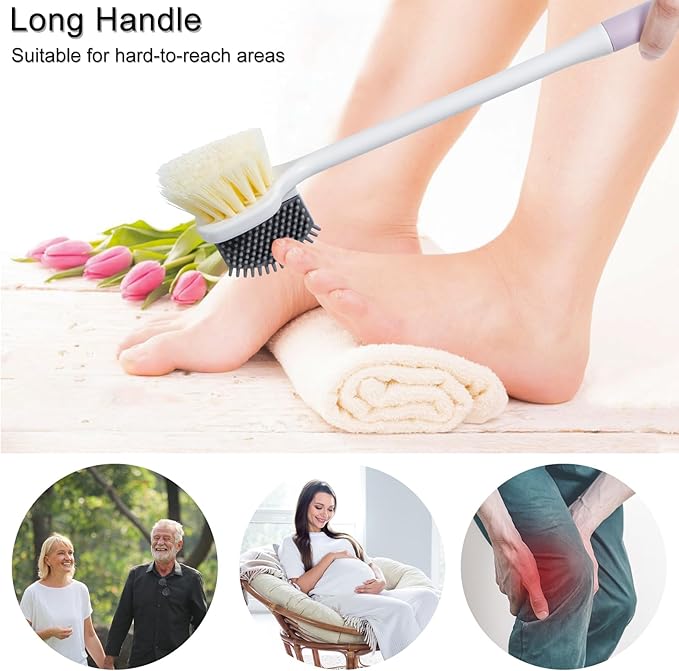 Foot Scrubber Toe Cleaning Brush, Shower Foot Scrubber with Long Handle, Double-Sided Silicone and Soft Bristle Brush for Skin Exfoliation, Seniors, Adults, Purple