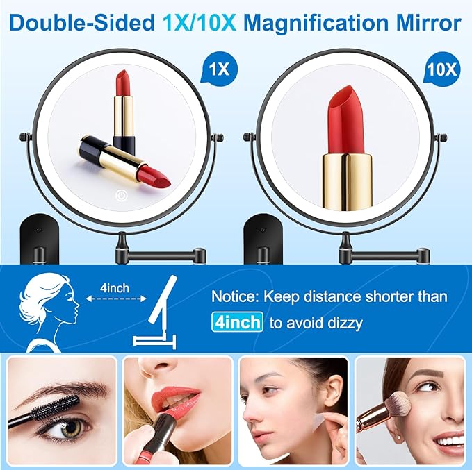9" Rechargeable Wall Mounted Lighted Makeup Mirror, Double Sided 1X/10X Magnifying Mirror with 3 Color Lights Dimmable, Bathroom Mirror with Hook, Black