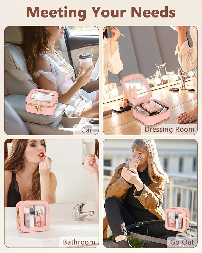 Clear Makeup Bag, Portable Travel Cosmetic Bags, Multipurpose Leather Toiletry Bag with Zipper, Waterproof Transparent Cosmetic Organizer for Women, Mini, Pink