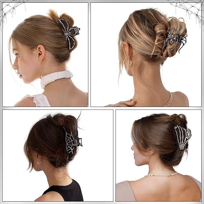 4 Pack Halloween Hair Clips, Large Metal Claw Clips with Spider Webs Skeleton Decor for Women and Girls Thick Long Hair Styling, Goth Accessories Christmas Gifts (black)