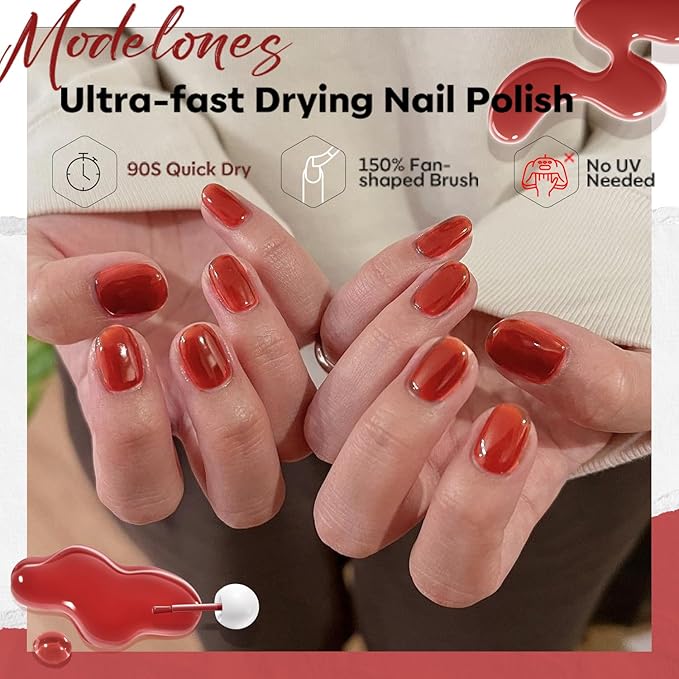 modelones Jelly Red Nail Polish, Sheer Dark Red Clear Translucent Semi-Transparent 15 ml Quick Dry Nail Lacquer Strengthener Long Last Finger Toe Nail Art DIY Manicure Gift for Women Girls 0.5 Fl Oz