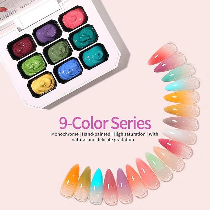 Ombre Gel Nail Polish with Nail Art Sponges for Pat Gel Ombre Color Palette Blush Effect Gradient Painting Gels 9colors for Ombre Nails Multistyle French Manicure DIY