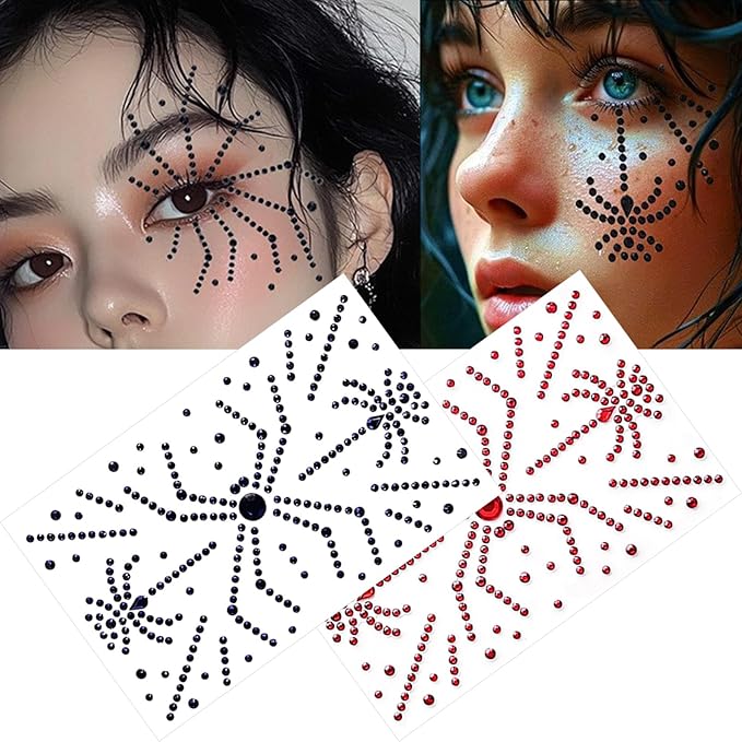 Face Jewels Stick on Face Costume Black Red Gems Self-Adhesive Makeup Halloween Dress Up Rhinestone Stickers for Festival Holiday Party Accessories (blackred_spider)