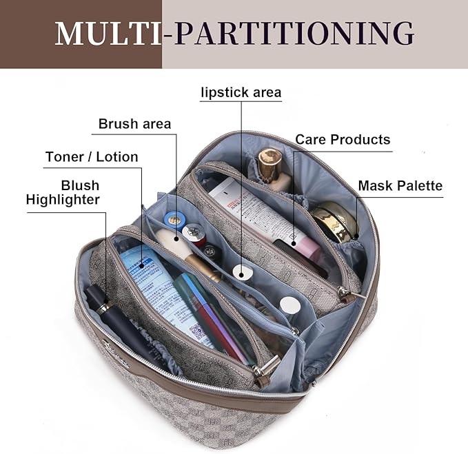 BOYATU Travel Makeup Bag Cosmetic Bags for Women: Large Make up Bags Set of 3 - Portable Makeup Organizer with Compartments&Handle&Divider - Waterproof PU Leather Toiletry Bag(02-Light Brown)