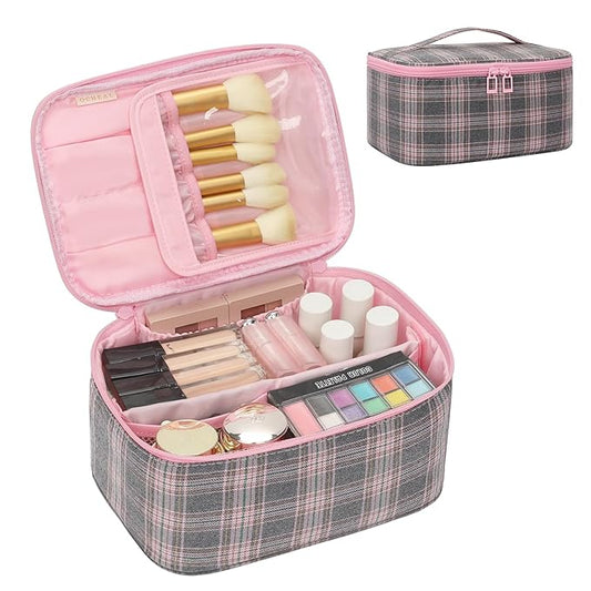 OCHEAL Makeup Bag for Women - Travel Cosmetic Organizer with Brush Slot & Divider, Large Capacity Toiletry Bag for Girls, Travel Makeup Case for everyday Make up Accessories -Pink Plaid