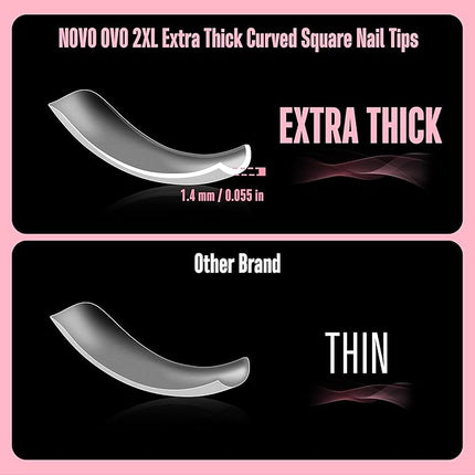 NOVO OVO Halloween Curved Nail Tips Press on Full Cover, Extra Curve Square Gel x Thick Long XL XXL Acrylic Fake Nails Extension kit, Clear Pre-etched French False Nail 12 Sizes 240pc QUEEN SQUARE PRO