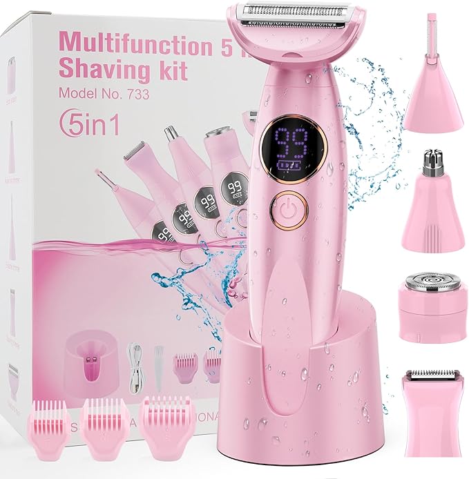 5 in 1 Bikini Trimmer for Women,IPX7 Waterproof Cordless Replaceable Pubic,Eyebrow,Facial Electric Razors&Nose Hair Trimmer&Painless Body Shaver for Arms Legs Underarms,USB Charge,LED Display,Wet&Dry