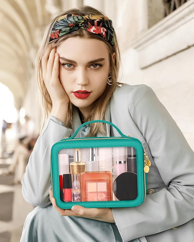 Clear Makeup Bag, Portable Travel Cosmetic Bags, Multipurpose Leather Toiletry Bag with Zipper, Waterproof Transparent Cosmetic Organizer for Women, Medium, Green