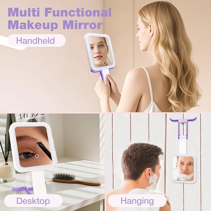 Portable Travel Makeup Mirror with Lights, Double Sided 1X/10X Magnifying Mirror, 3 Color Adjustable Lighting Touch Screen, Rechargeable Lighted Beauty Mirror, Tabletop Handhold Hanging (Purple)