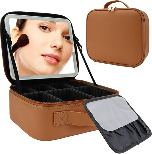 Travel Makeup Bag with LED Mirror Travel Makeup Organizer with 3 Lighted Settings, Adjustable Dividers and Makeup Brush Storage Bag Caramel
