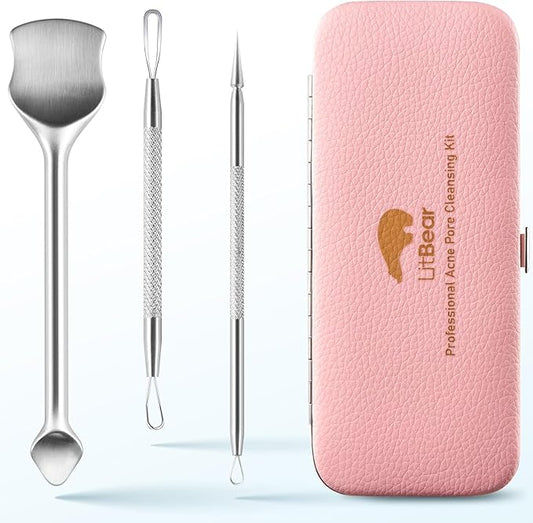 LitBear Pore Prep Tool, Blackhead Remover Pimple Popper Tool Kit, Stainless Steel Blackhead Extractions Tool for Acne, Whitehead Popping, Blemish, Comedone, Pink