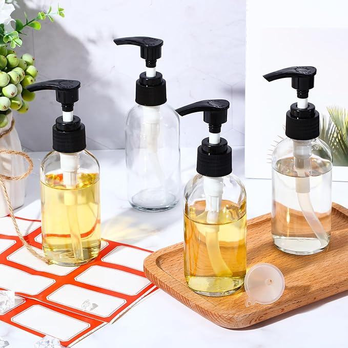 Tanlade 12 Pcs Glass Pump Bottle Dispenser 4 oz Travel Bottles with Pump Refillable Glass Containers for Toiletries Lotion Liquid Soap Shampoo Essential Oils Cosmetic Travel Accessories(Clear)