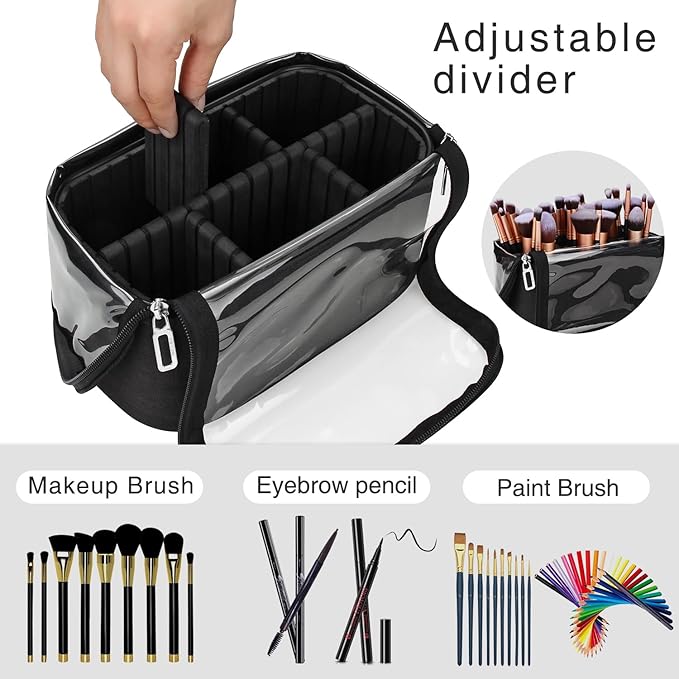 Makeup Brush Case Stand-up Makeup Cup Travel Professional Cosmetic Bag Artist Storage Bag Large Makeup Brush Bag with Adjustable Divider (Large, Black)