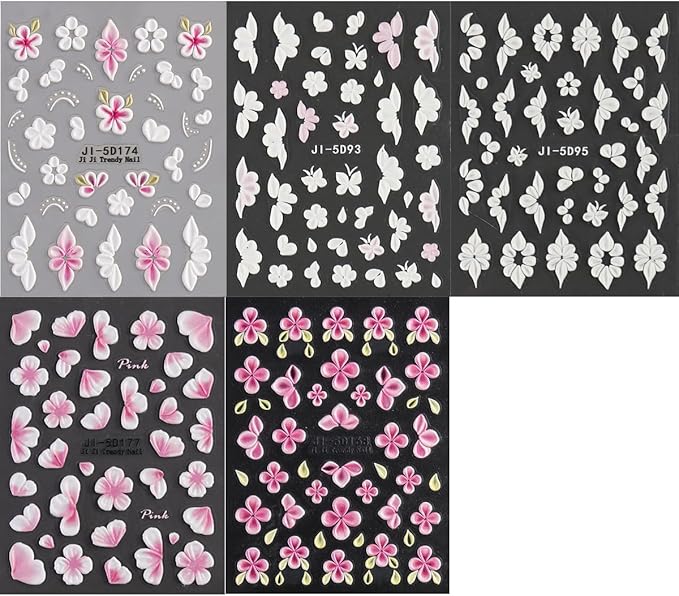 5D Embossed Flowers Nail Art Stickers, 5PCS Self-Adhesive Pink White Flower Sticker Floral Petals Cherry Blossom Butterfly Nail Decals French Tips Design Pegatinas para Uñas