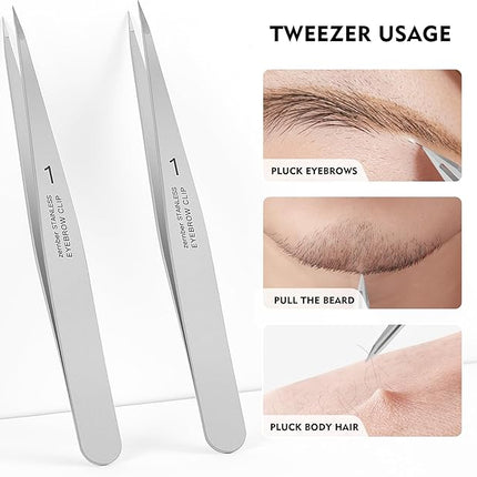 Pointed Tweezers for women Facial hair, Precision Tweezers for Eyebrows, Chin Hair，Ingrown Hair, Splinters, Glass Removal（Silver）