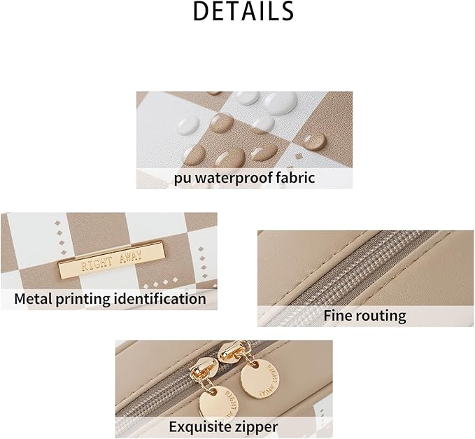 RIGHT AWAY Checkered Makeup Bag for Purse,Small Cosmetic Bag Organizer for Women, Travel Make Up Pouch Waterproof Toiletry Bag Cute Makeup Case for Travel Accessories(Khaki Checkerboard)