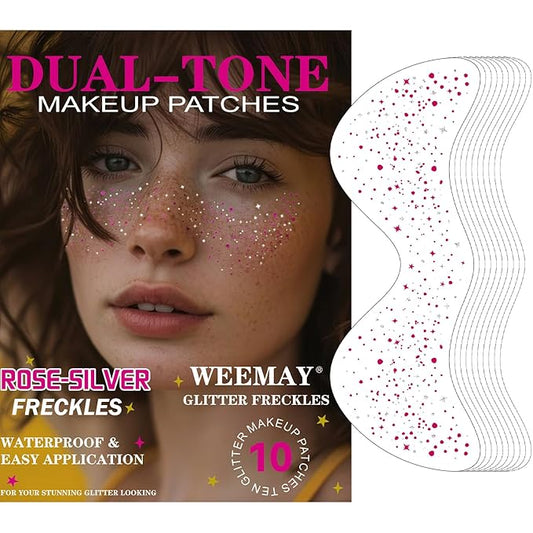10 Pcs Rose-Silver Laser Glitter Freckles, Rose and Silver Glitter Freckles Face Tattoo, Waterproof Face Sparkle Freckles, Long-lasting 48h Freckles for Women