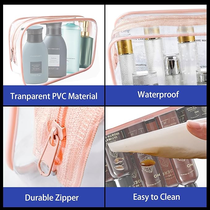 16 Pieces Clear Cosmetic Bags, Large Transparent Makeup Bags, TSA Approved Toiletry Bag for Travel, PVC Waterproof Clear Pouch with Zipper Make Up Bag for Women and Men Traveling (Rose Pink-L)