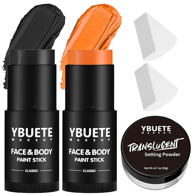 Black Orange Face Body Paint Stick Set with Translucent Setting Powder and Sponges, Professional Full Coverage Face Painting for Adults Halloween Cosplay SFX Tiger Pumpkin Clown Makeup