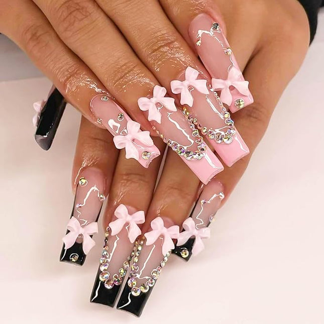 RUOKEXIN Long Square Press-on Nails: French Tip False Nails with Bow Rhinestones Designs - Pink, Black, Sparkly, Artificial 24Pcs