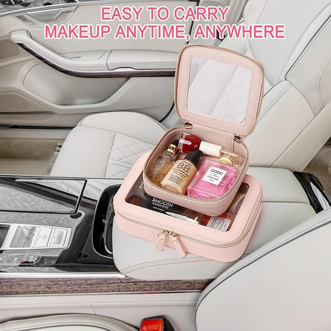 Pinkmik Small Makeup Bag Mini Clear Cosmetic Makeup Case & Toiletry Bag with Zipper Women's Purse Organizer & Car Essentials (Pink, MINI)