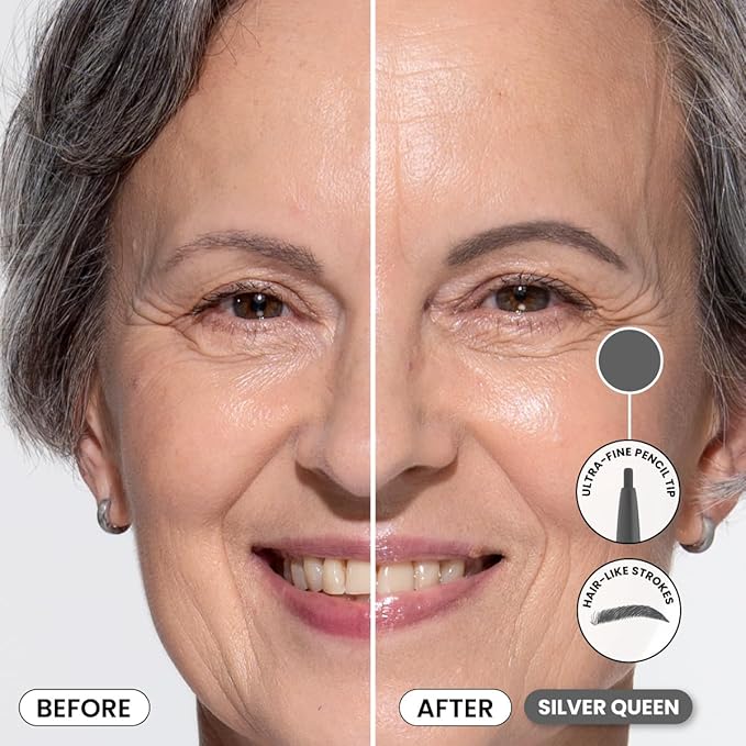 PrimeBrow Pencil for Mature Women – Ultra-Precise Tip for Natural, Hair-Like Strokes – Smudge-Proof & Long-Lasting Wear – Great for Thinning, Sparse, or Graying Brows (Silver Queen)