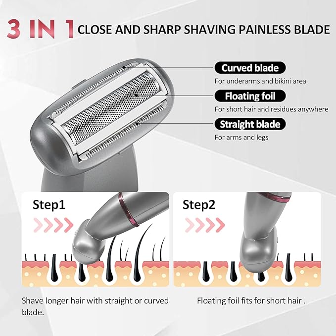 Electric Razors for Women, 3-in-1 Electric Lady Clipper Pubic Hair Trimmer-Painless Hair Removal Groomer Kit Rechargable Bikini Trimmer for Women with 3 Trimmer Heads, IPX7 Waterproof