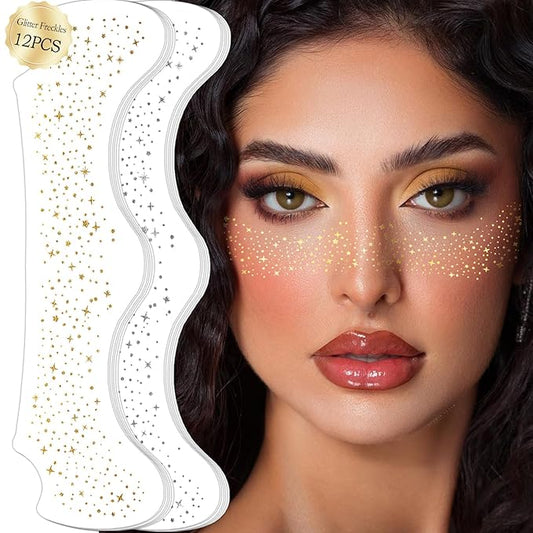 12 Sheets Gold and Silver Glitter Freckles Face, Glow Up Makeup Patches, Face Glitter Makeup Speckles, Waterproof Cosmetic, Glitter Makeup Accessories for Women (Gold Silver B)