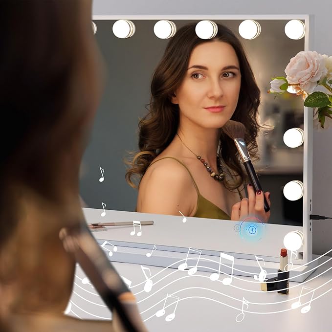 Fenair Vanity Mirror with Lights 22.8"x 18.1" Makeup Mirror with Lights and Speaker 15 Dimmable Bulbs,3 Colors Modes,Hollywood Mirror with USB Charging and 10X Detachable Magnification Mirror（Black）