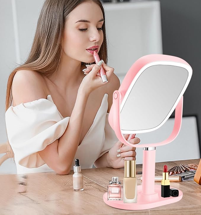 Lighted Makeup Mirror, 2600mAh Rechargeable 1x/10x Magnifying Vanity Mirror, 8.5" Height Adjustable Makeup Mirror with Lights 3 Color, 360° Rotation 2-Sided Light up Large Desk Mirror - Pink