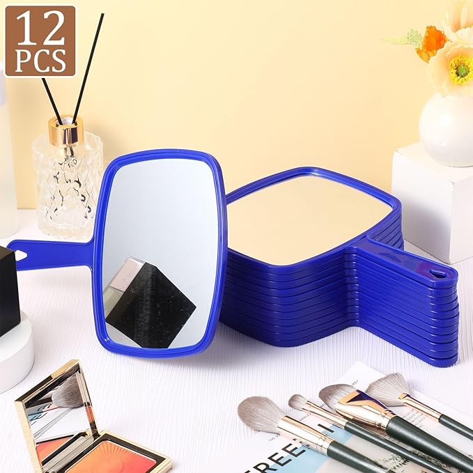 Geetery 12 Pcs Hand Held Mirrors with Handles Hand Makeup Mirrors Bulk Wall Mount for Women Cosmetic Bathroom Home Barber Salon Travel Portable Beauty School Gift, 6.69 x 9.45 Inch (Blue)