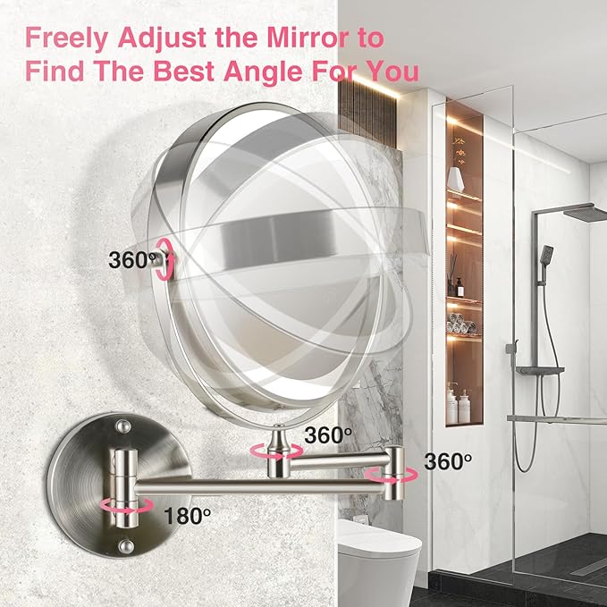 8.5 Inch Magnifying Mirror with Lights, Wall Mounted Makeup Mirror, Dual-Sided 1X/20X, Bright LED Lighting, Space-Saving Design for Bathroom & Vanity, Brushed Nickel