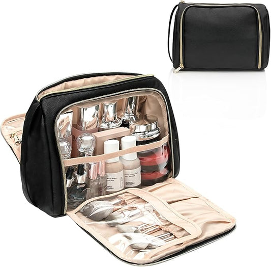 CUBETASTIC Large Makeup Bag - Black Faux Leather Travel Makeup Pouch, Waterproof Cosmetic Bag Organizer for Women, Toiletry Bag for Travel, Portable Make Up Case (Black, Large（Pack of 1）)