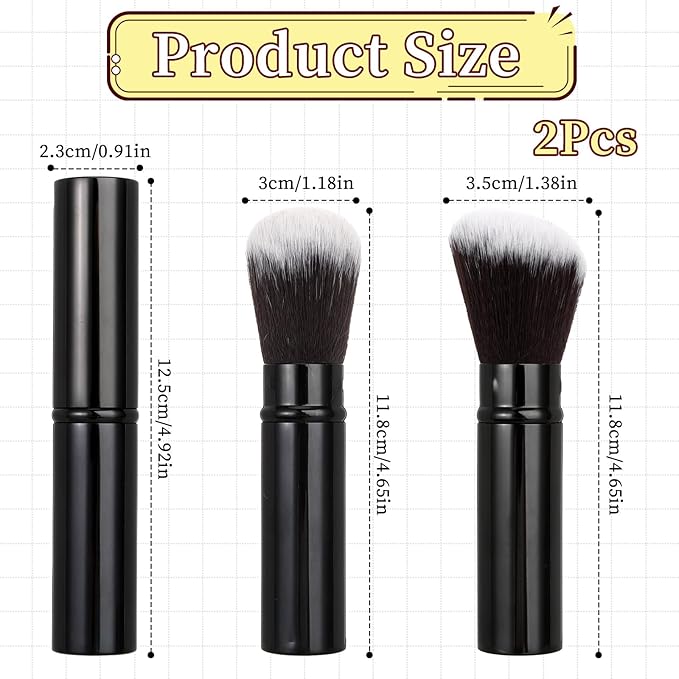 Retractable Makeup Brush, 2 Pcs Portable Kabuki Brush Travel Powder Foundation Brush with Cover Face Blush Brushes Makeup Tools for Blush, Bronzer, Buffing, Loose Powder, Liquid, Cream, Sunscreen