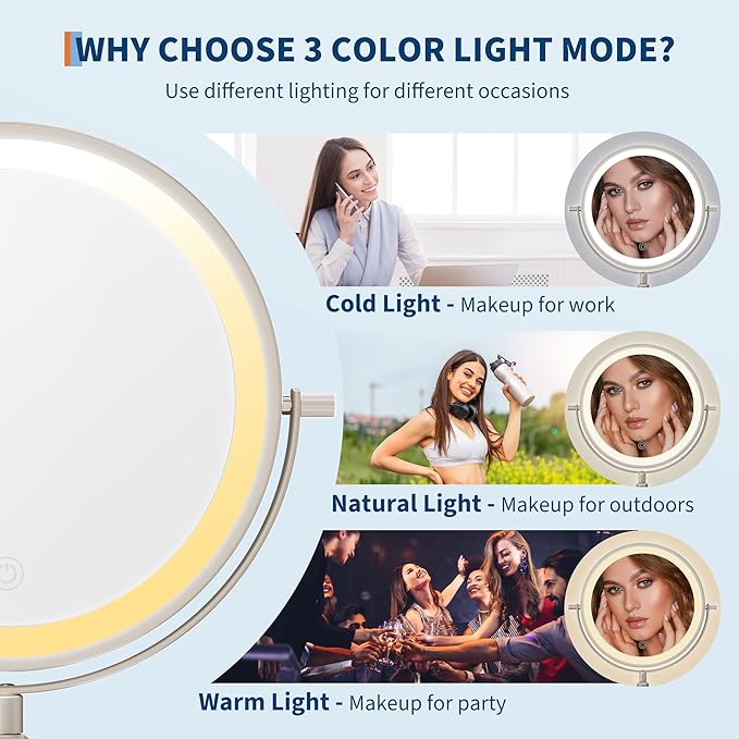 Garvee Lighted Makeup Mirror, Rechargeable Height Adjustable Double Sided Vanity Mirror, 1x/10x True HD Magnifying, Brightness Adjustable, Three Colors, 360° Rotation Vanity, Gift for Women, Nickel