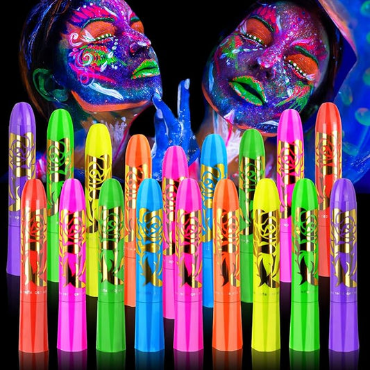 18 Pack Glow in The Dark Paint, Face Body Paint Sticks Makeup Painting Kits for Kids Adult, Neon UV Crayons Kit for Halloween and Parties