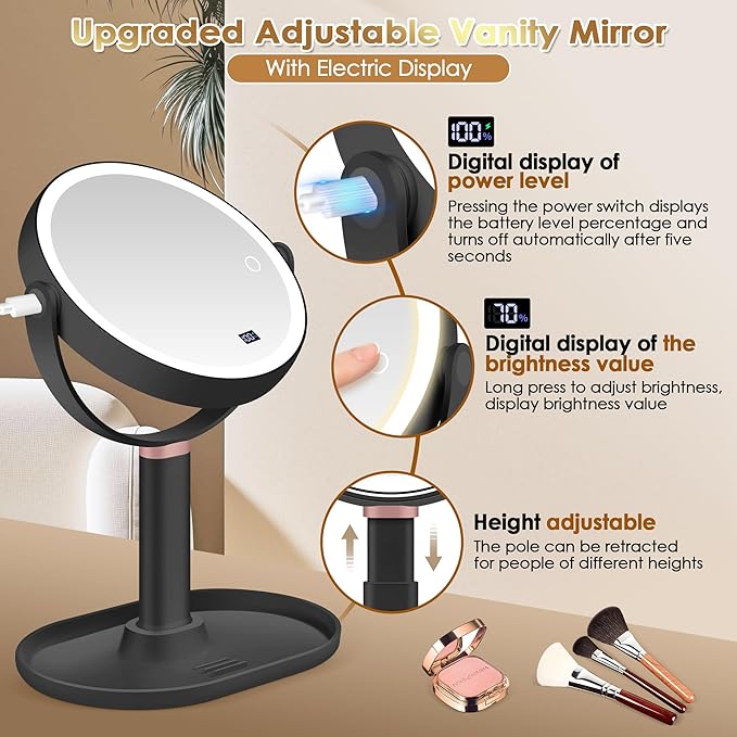 MIYADIVA Makeup Mirror with Lights, 30X/1X Magnifying Mirror with Digital Display, Height Adjustable Desk Mirror, Detachable for Travel, Vanity Mirror with Phone Holders and Tweezers, Black
