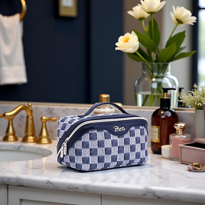 BOYATU Travel Makeup Bag for Women: Large Cosmetic Bag Set of 3 - PU Leather Make up Bag with Compartments - Compact Waterproof Toiletry Bag with Divider & Handle (C-05Deep Blue)