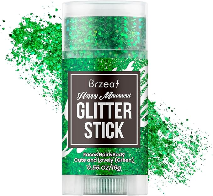 Brzeaf Waterproof Green Body Glitter Stick, Halloween Chunky Glitter for Face/Body/Hair/Eyes/Lip, Singer Concert Music Rave Festival, Glitter Stick Makeup & Face Glitter Gel for Women Men 0.56 OZ