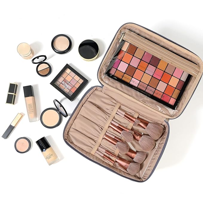 NISHEL Large Double Layer Travel Makeup Bag Women, Cosmetic Case, Organizer for Travel-Size Accessories Bottles, Brushes, Conditioner, and Skin Care Products, Aegean-Blue