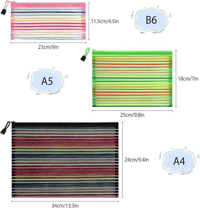 12 Pieces Zipper Nylon Mesh Pouch, Mesh Cosmetic Bags Makeup Bags Pencil Case, Multipurpose Travel Bags for Cosmetic School Office Supplies and Travel Accessories (Multicolor A, Assorted Sizes)