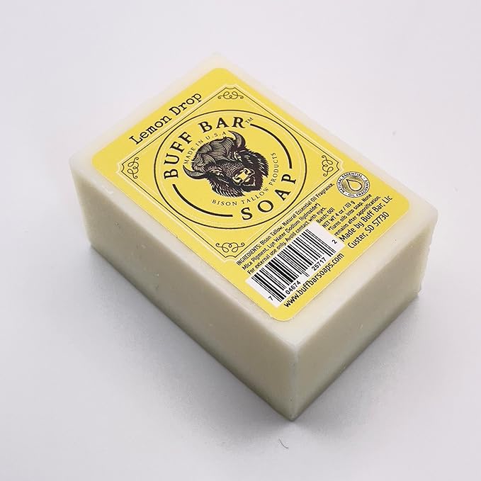 Bison Tallow Buff Soap Bar, Lemon Drop, (2 pack) - Scents of Lemon, Orange, & Lemongrass - Cleans, Moisturizes, Soothes, Hydrates - No Dyes, Chemicals, or Preservatives