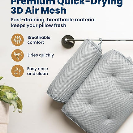 Everlasting Comfort Luxury Bath Pillows for Tub with Head and Neck Support - Non-Slip Bathtub Pillow with Suction Cups, Quick-Drying Mesh & Drying Hook - Jacuzzi & Spa Accessories for Women - Gray