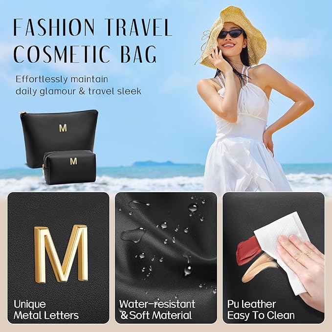 Women Gifts | Initial Makeup Bag Set for Girl Personalized Gifts for Bridesmaid Friend Graduation Teachers PU Leather Cosmetic Travel Toiletry Bag(Black,M)