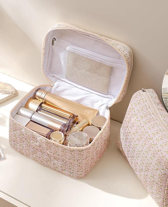 HBselect 2Pcs Travel Makeup Bag, Large Cotton Quilted Makeup Bag Cosmetic Bag Cute Make up Bag Toiletry Bags for Women Girls