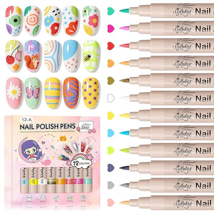 GELLAKTIK 12 Colors Nail Art Pens Set, 3D Nail Color Pens, Quick-Drying Acrylic Paint Markers, Dotting Liner Brush for DIY Nail Design, Home & Salon Manicure Tools