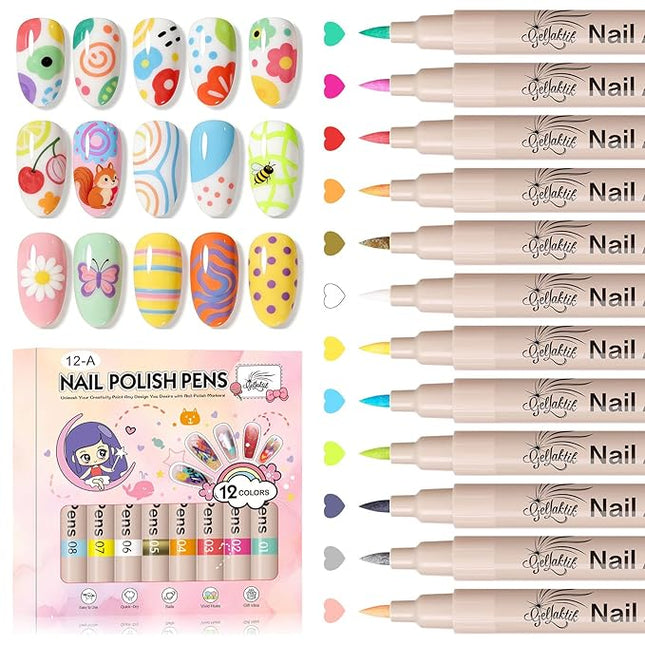 GELLAKTIK 12 Colors Nail Art Pens Set, 3D Nail Color Pens, Quick-Drying Acrylic Paint Markers, Dotting Liner Brush for DIY Nail Design, Home & Salon Manicure Tools