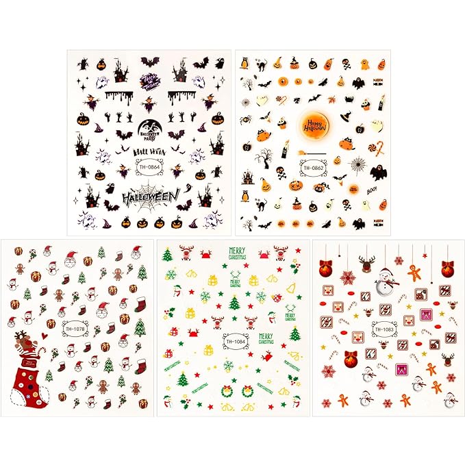 Melodysusie 5PCS Christmas Nail Art Stickers for Semi Cured Gel Nail Strips with3D Self-Adhesive Nail Decals Designs Nail Decorations DIY Manicure Supplies for Women Girls&Kids