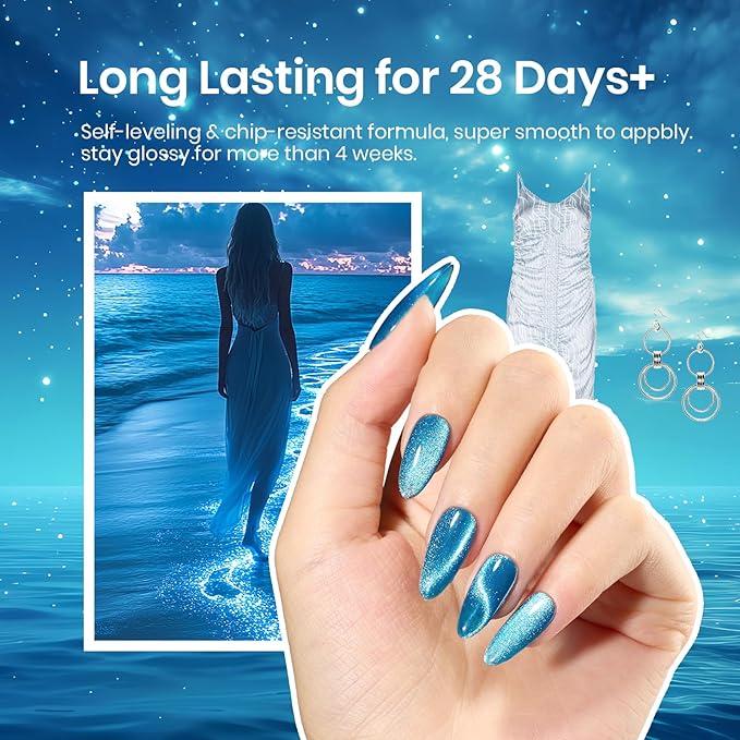 Beetles Blue Cat Eye Gel Polish, 15ML Blue Cat Eye Glitter Gel Polish with Magnet Shimmer Velvet Gel Soak Off UV Stellar Ocean Collection French Nail Art Design Manicure Summer Gifts for Women