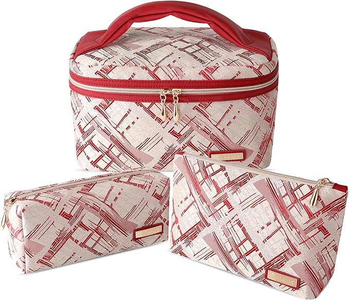 Richeart 3PC Makeup Bag Set, Cationic Jacquard Large Cosmetic Organizer, Back-Coated Solvent-Free Travel Toiletry Bag for Women - Red